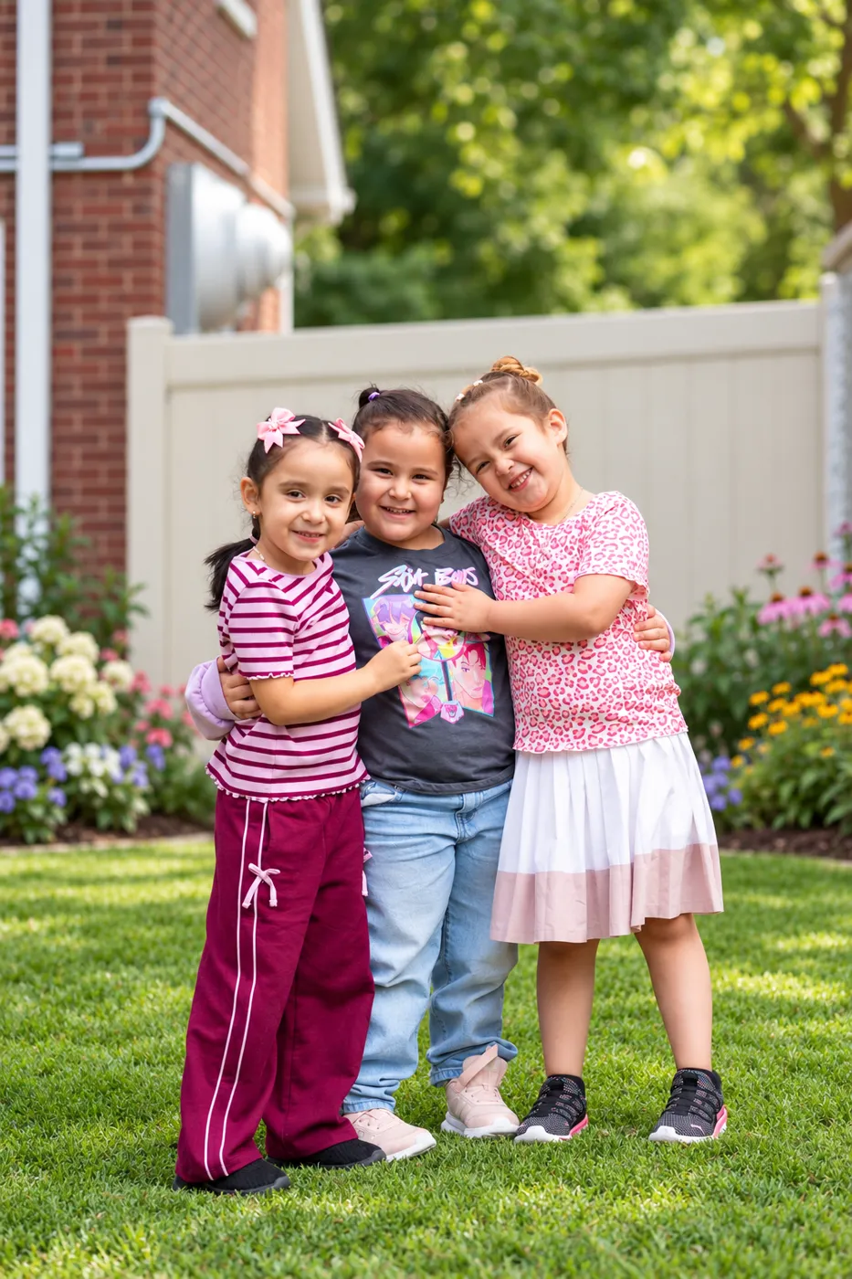 Three smiling girls hugging in the school yard