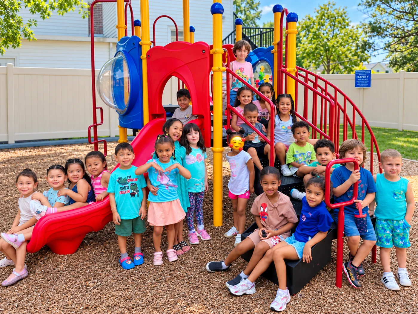 A big group of A+ Academy kids smiling on the playground slide and steps