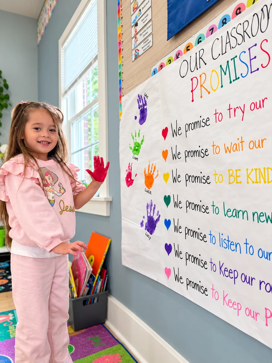 Girl adding her red handprint to the Our Classroom Promises poster