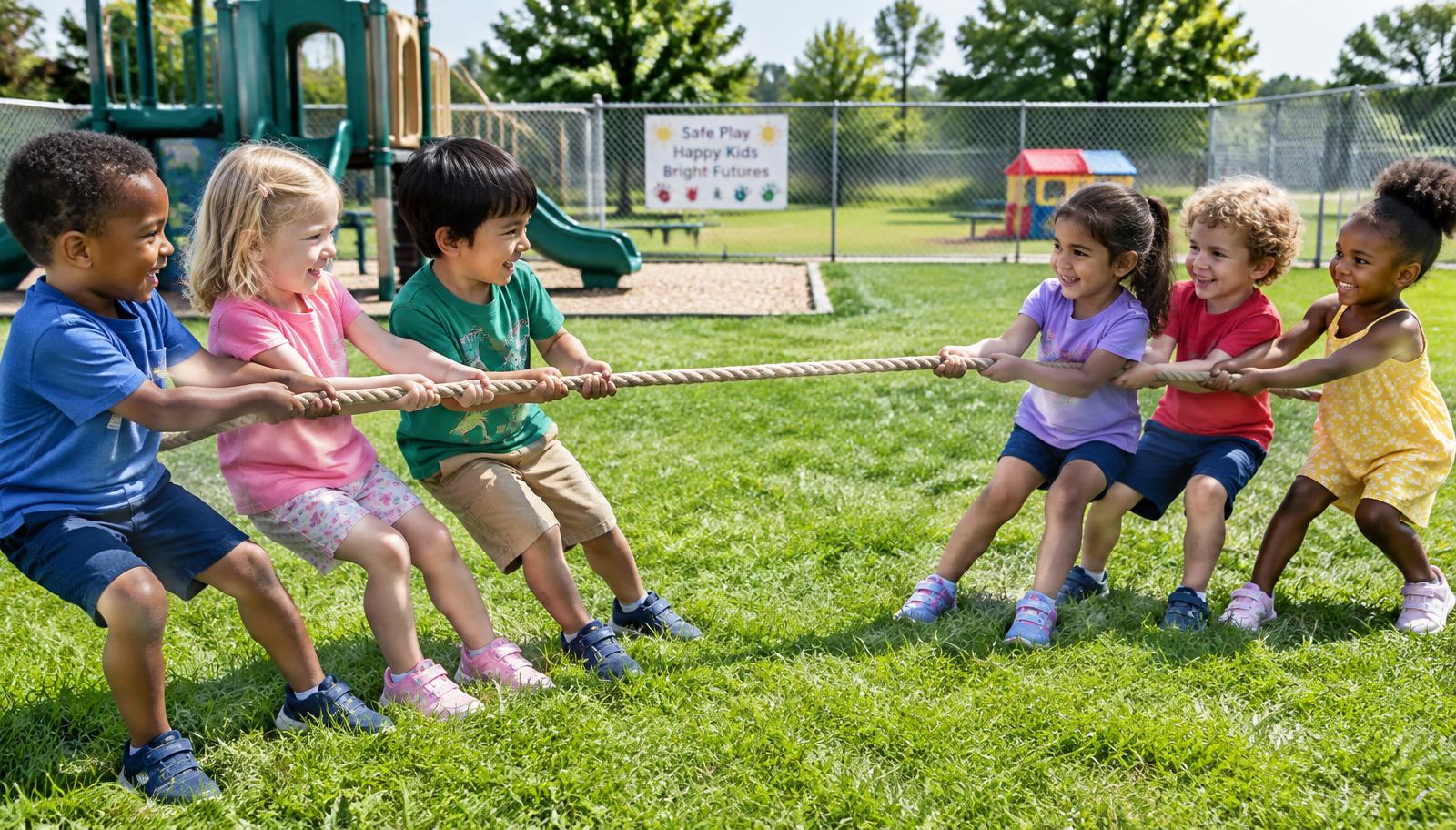 Preschoolers playing tug of war outdoors
