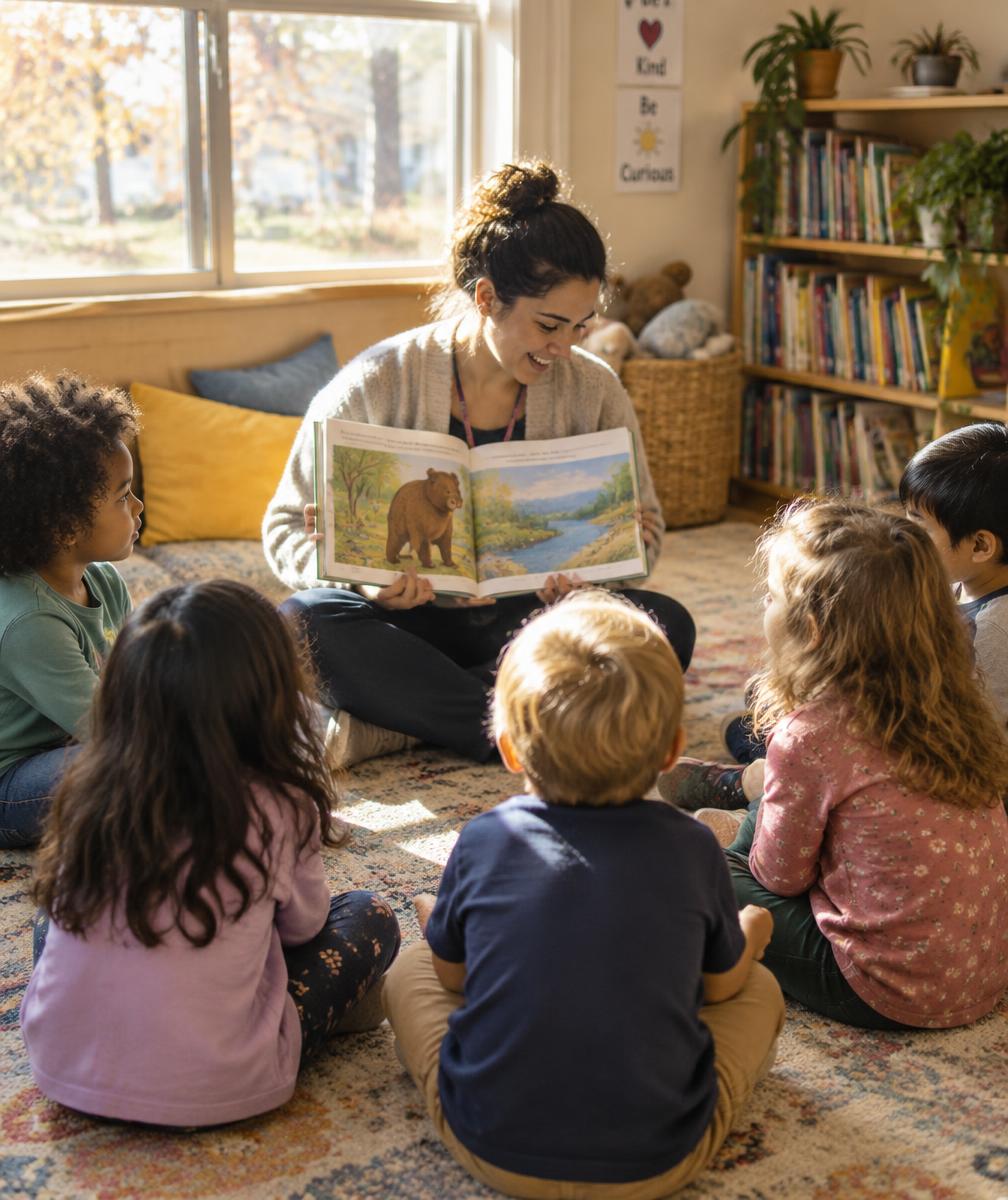 Teacher reading a picture book to preschoolers